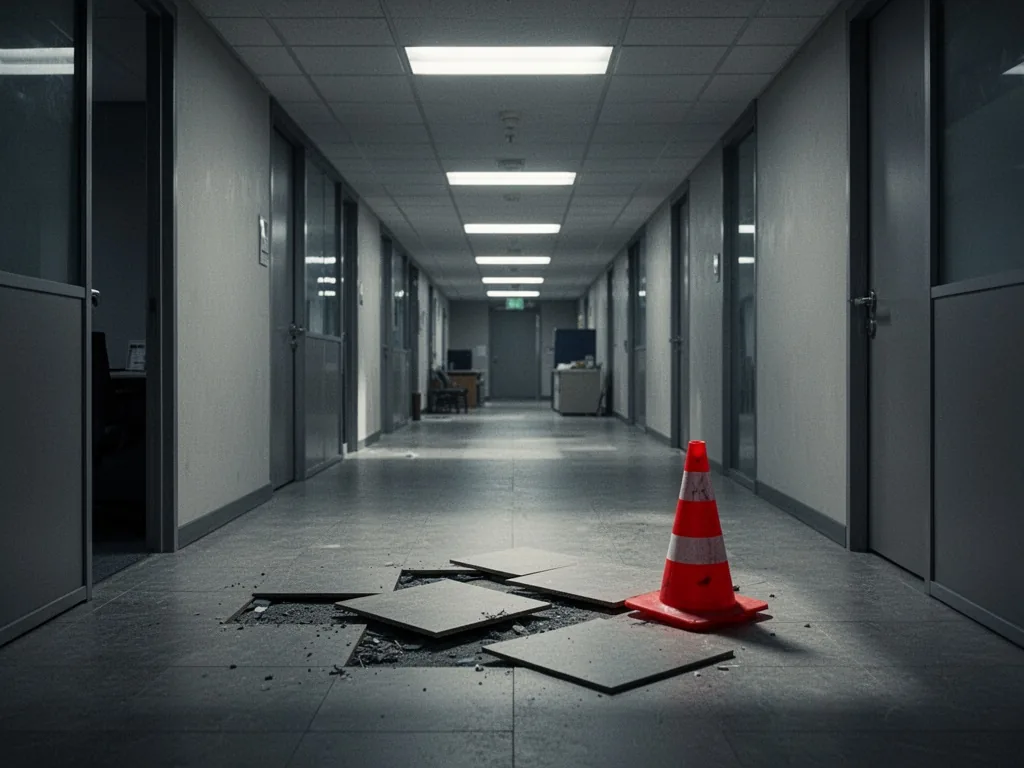 An empty office corridor with a loose floor tile half-lifted, a warning cone missing, overhead lights casting long shado