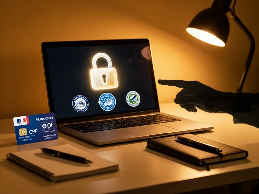 A laptop screen with a glowing padlock icon and cybersecurity certification badges, a French CPF card beside it, a hand