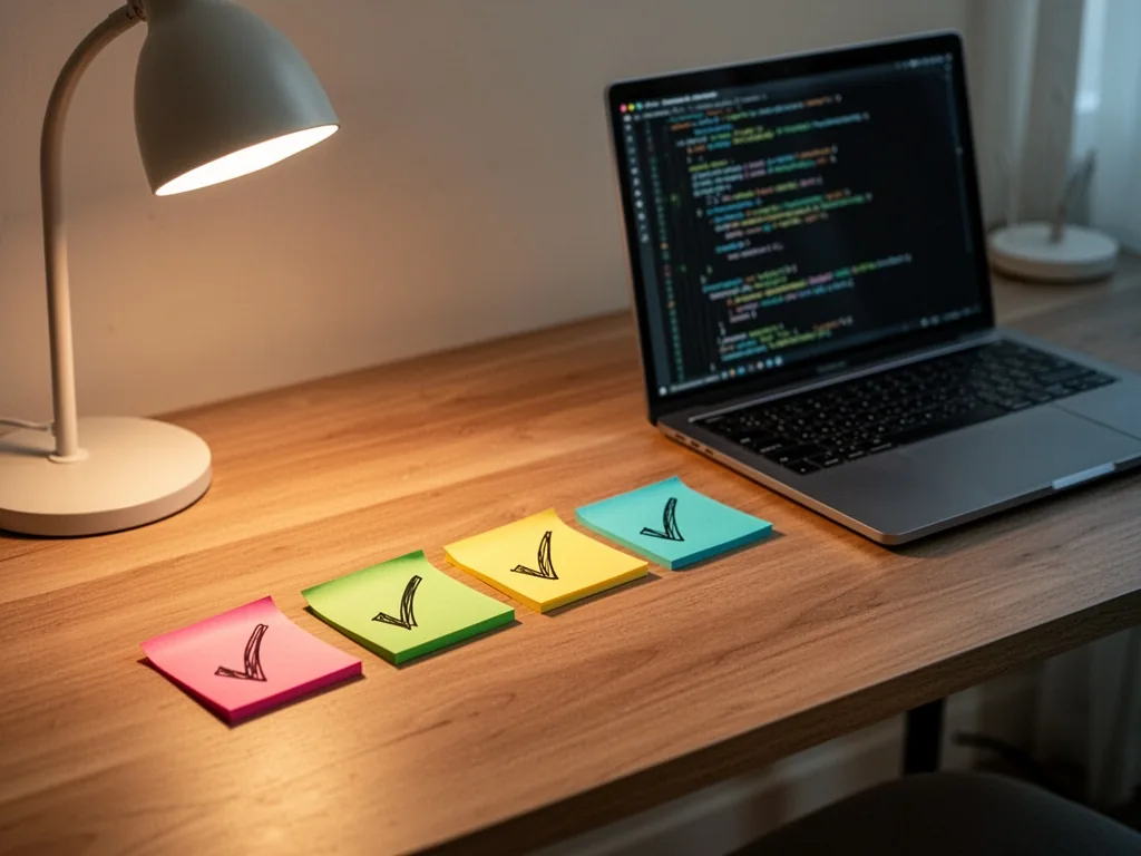 A wooden table with four colored sticky notes in a row, each with a hand-drawn checkmark, next to a sleek laptop showing