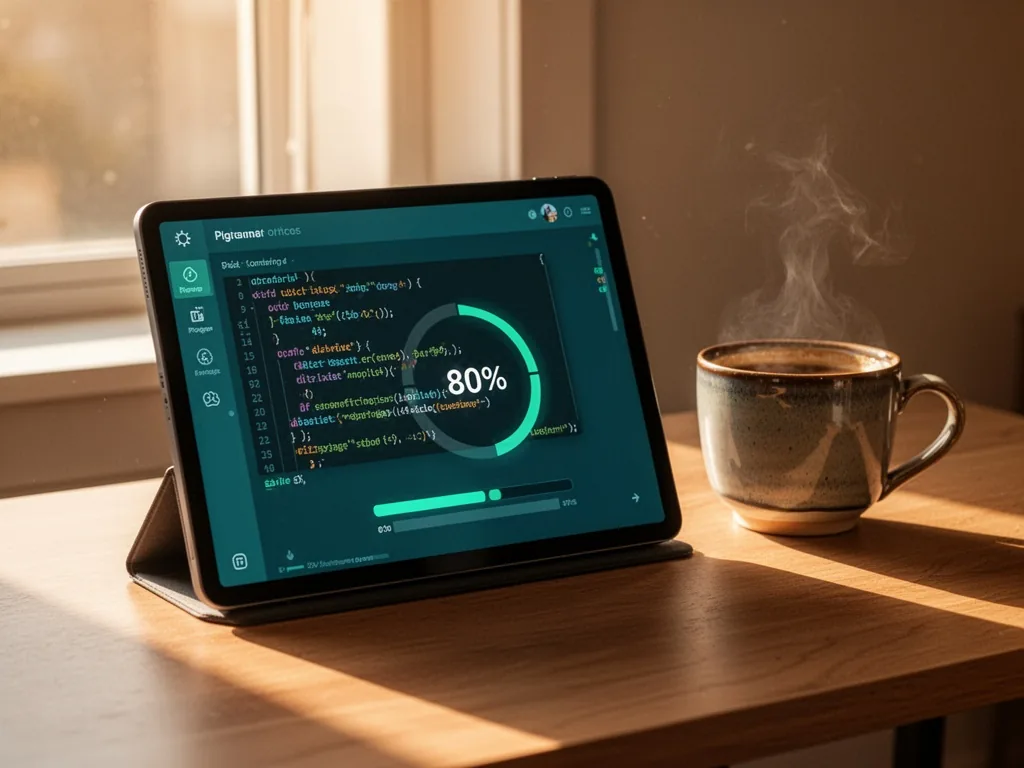 A digital tablet screen displaying a coding tutorial interface with a progress bar at 80%, a ceramic coffee cup beside i
