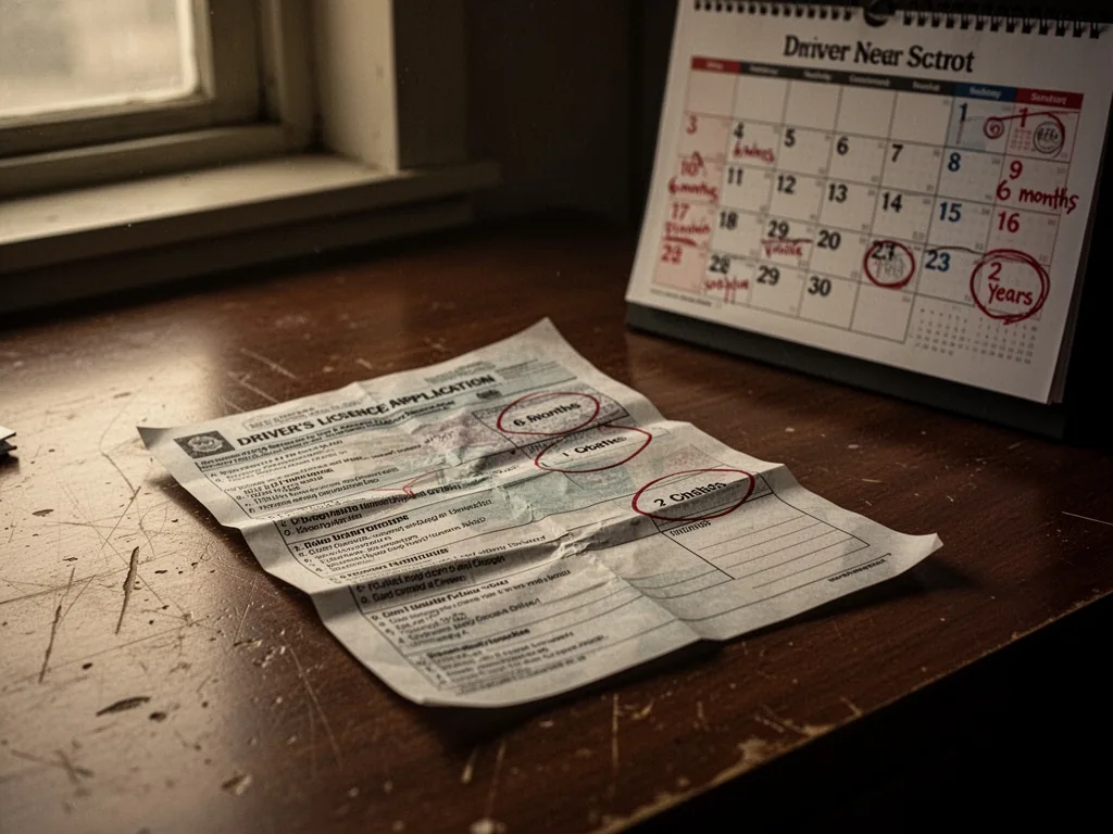 A crumpled driver's license application form with three circled criteria on a scratched wooden desk, beside a wall calen