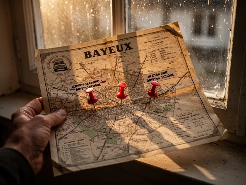 A hand holding a vintage map of Bayeux with three red pins marking different driving school locations, late afternoon su
