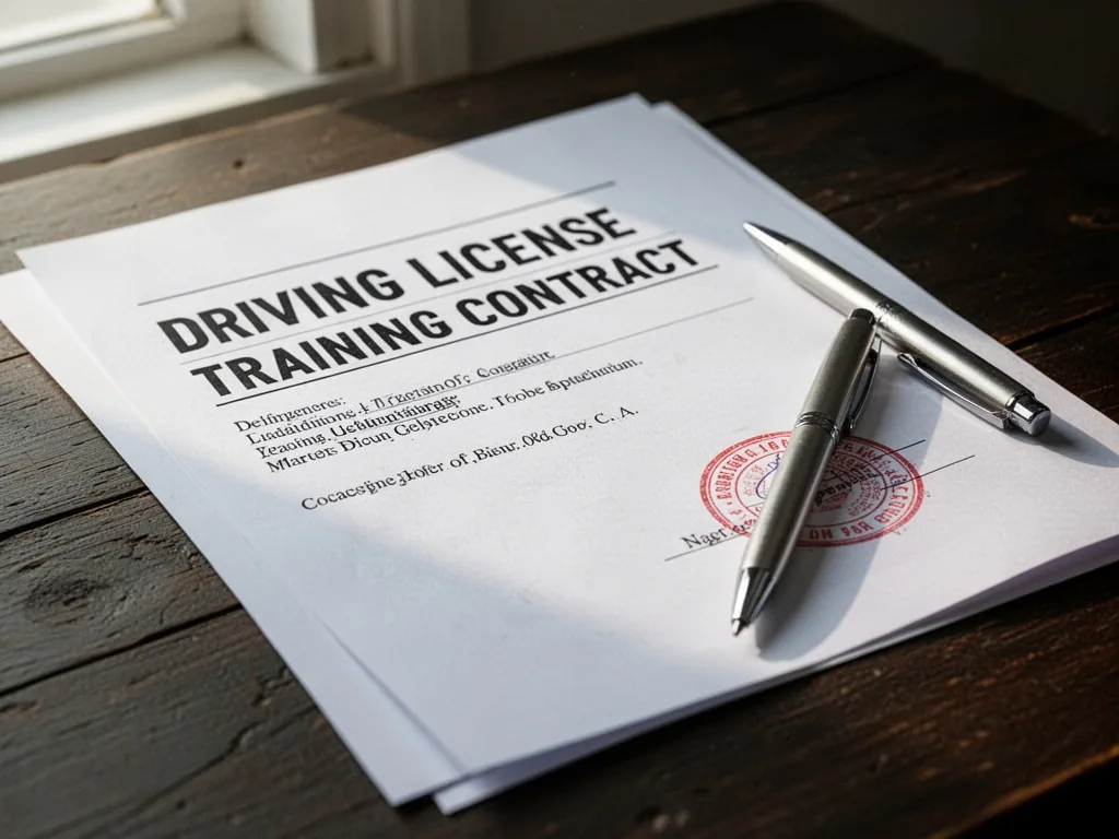 A driving license training contract with bold black text and a red ink stamp, a silver pen resting diagonally on the cor