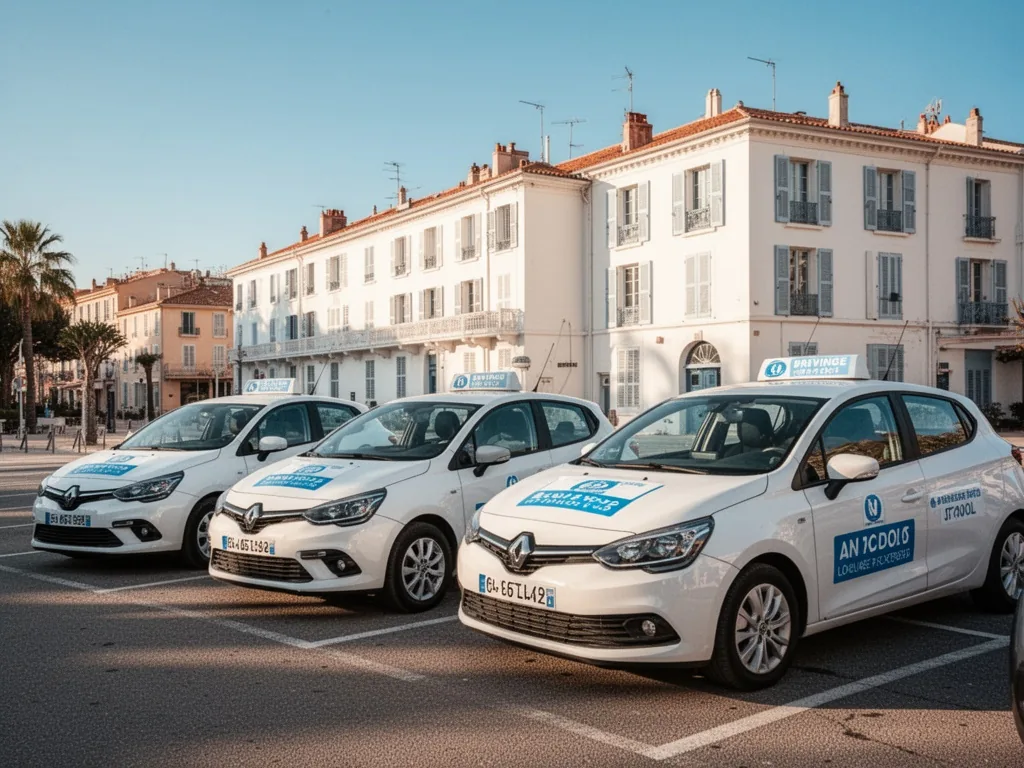 A row of three driving school cars parked under a clear blue sky in Antibes, white building behind, quiet afternoon ligh