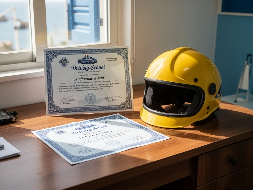 A wooden desk with a printed driving school certificate and a shiny yellow crash helmet beside it, soft sunlight through