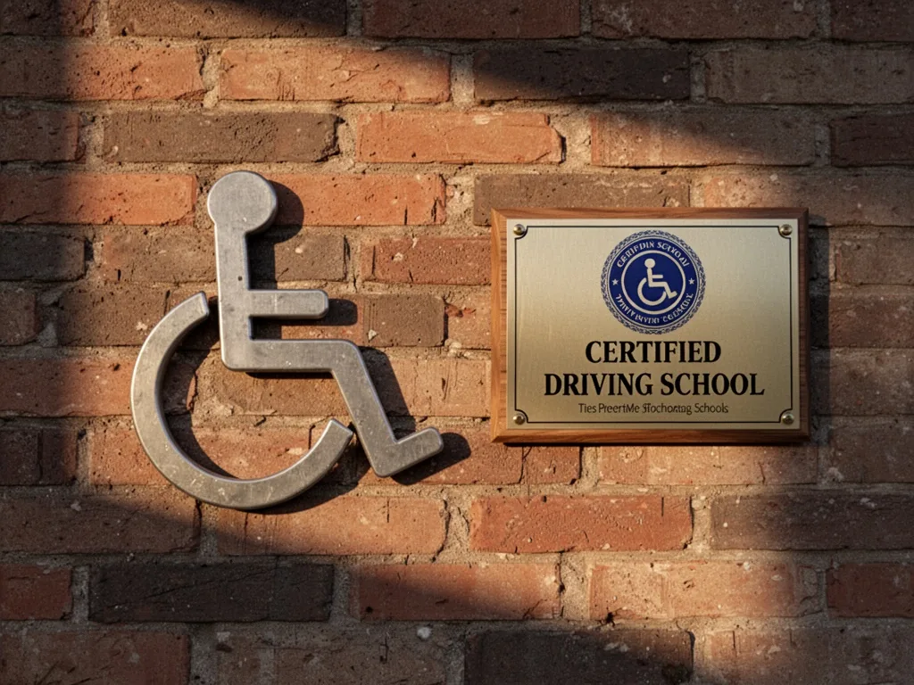 A metal wheelchair accessibility symbol and a certified driving school plaque mounted on a weathered brick wall, soft af