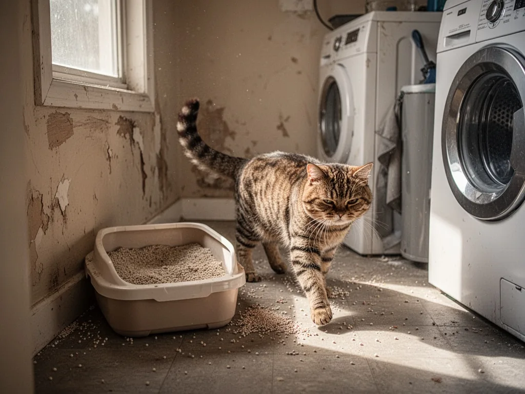 A cat stepping away from a litter box with scattered litter and a displeased expression, an unkempt corner of a laundry 