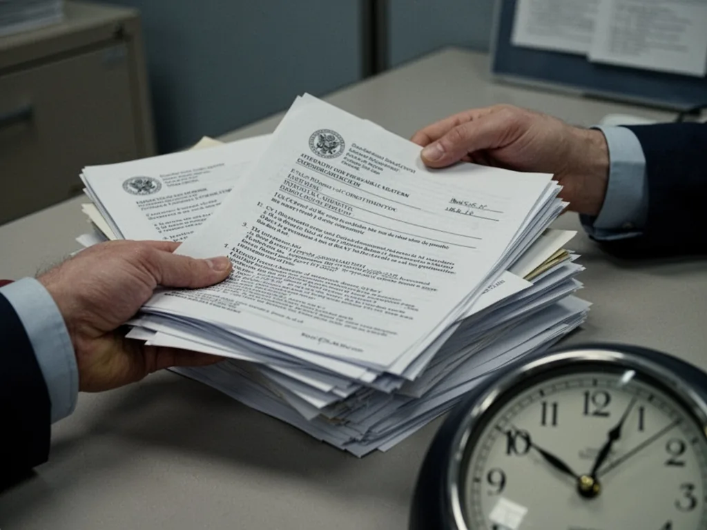 A public servant's hand holding a stack of official documents with a clock face partially visible on a desk, soft gray o