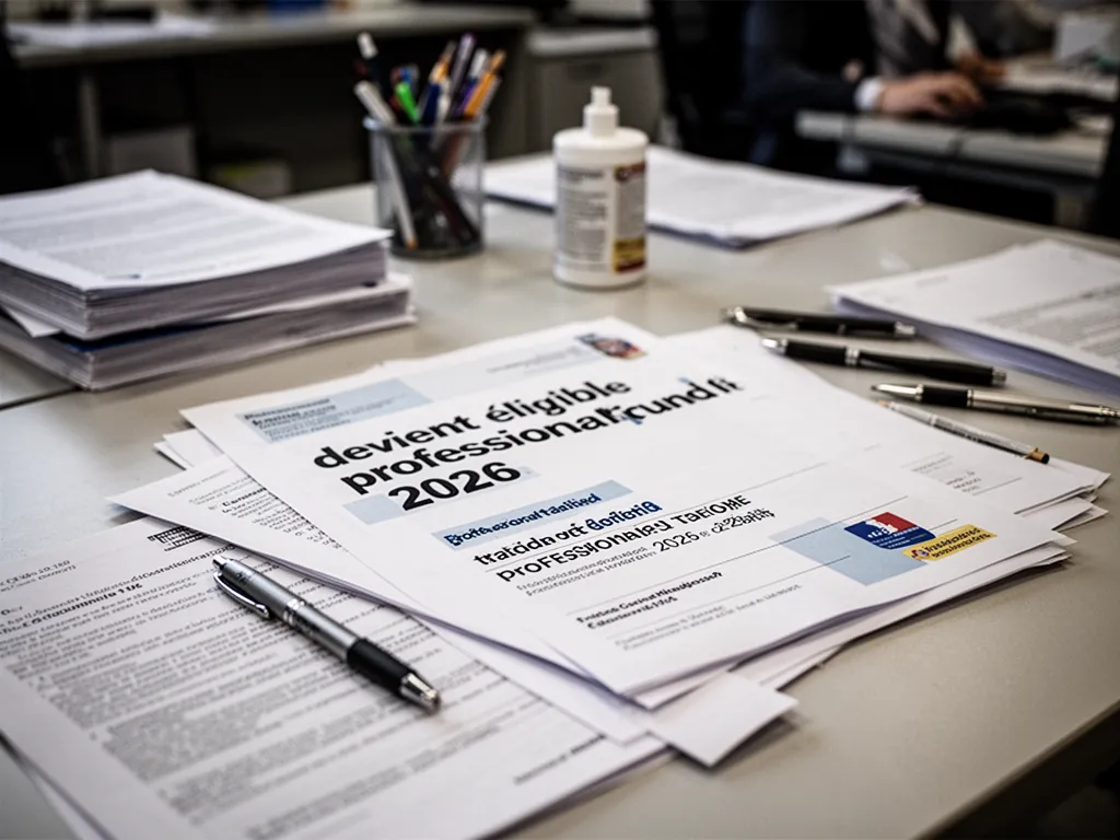 Personne consultant un dossier de formation sur ordinateur avec des documents administratifs et un carnet de notes