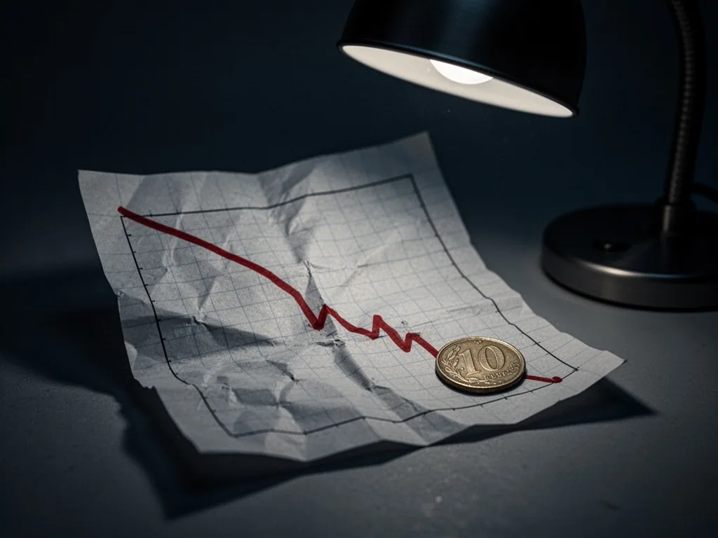 A crumpled piece of graph paper with a sharp red downward sloping line, a single 10-cent coin lying next to it, under a