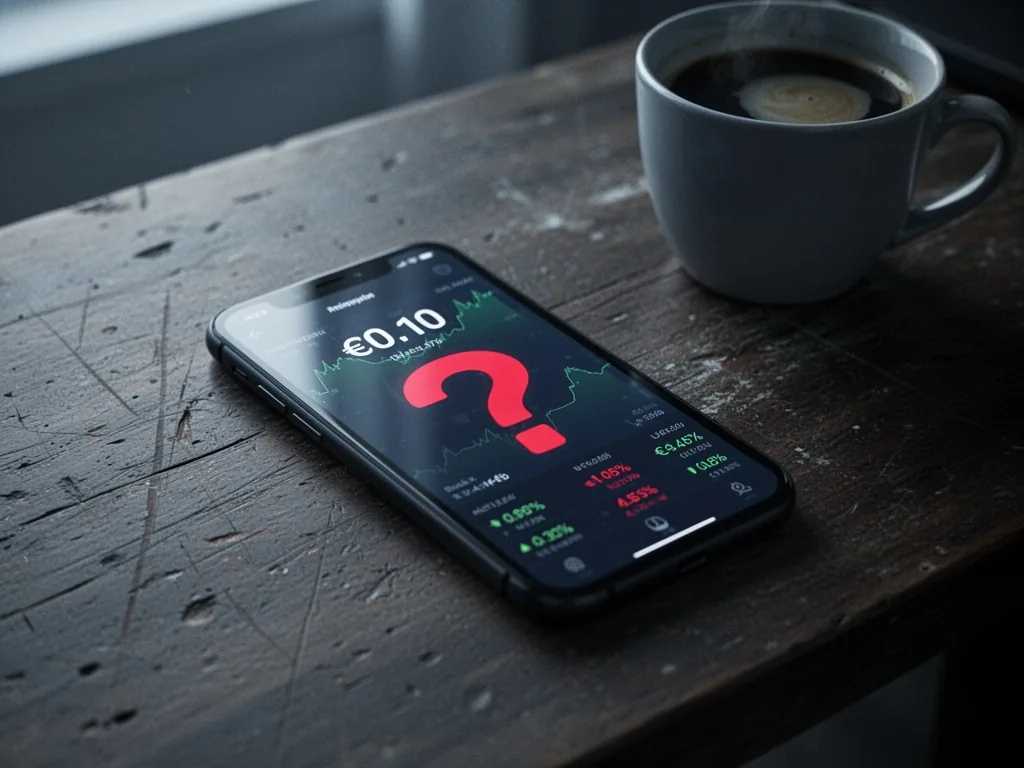 A smartphone lying on a scratched wooden desk, screen displaying stock price €0