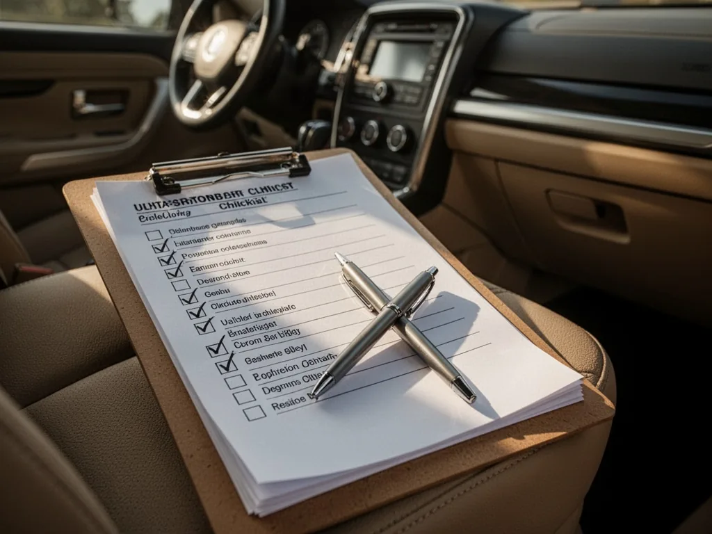 A clipboard with a detailed checklist and pen resting on a car seat, afternoon light highlighting the checked boxes, cle