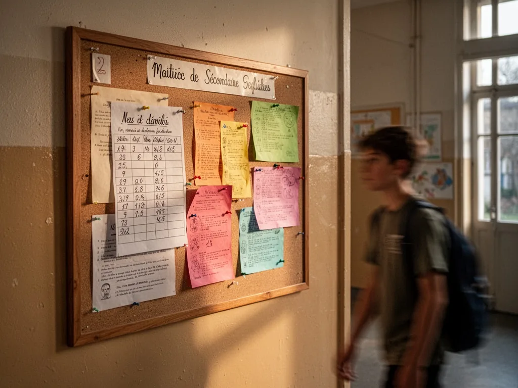 A hallway wall in a French secondary school with a framed notice board, a handwritten grade sheet pinned among colorful 