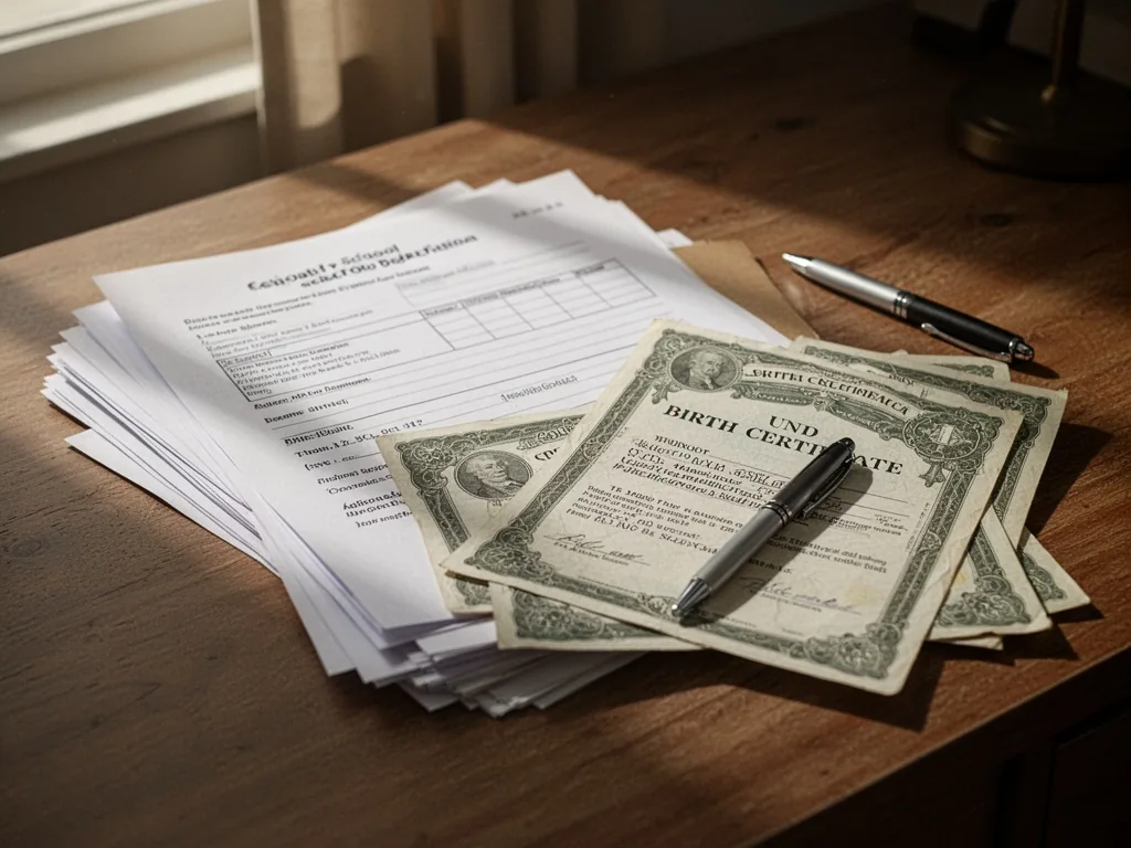 A stack of school registration papers, a birth certificate and a pen on a wooden desk, soft window light casting shadows