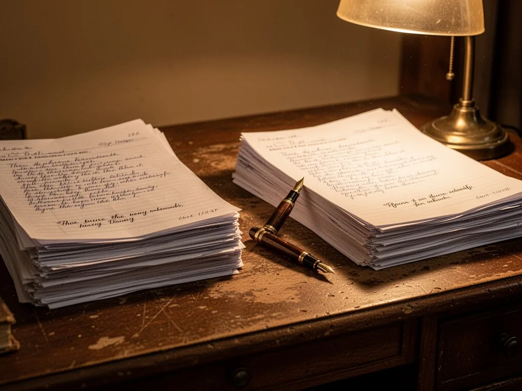 Two thick stacks of handwritten exam papers on a worn wooden desk, a vintage fountain pen resting between, warm lampligh