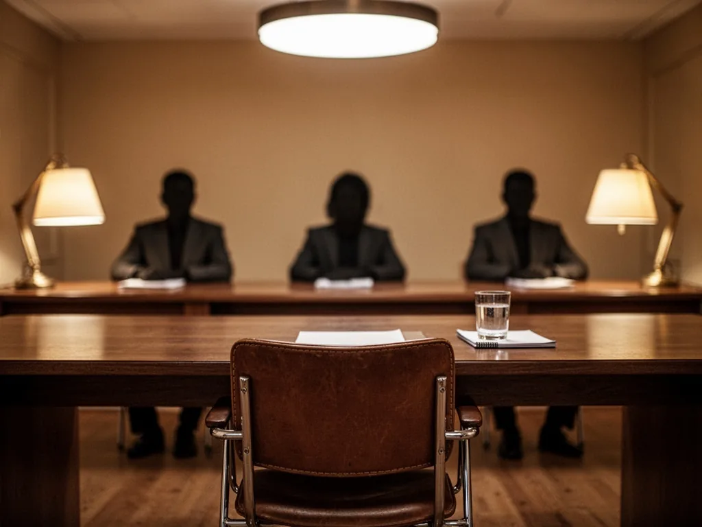 A candidate's empty chair facing a long table with three blurred silhouettes of examiners, a glass of water and notepad,