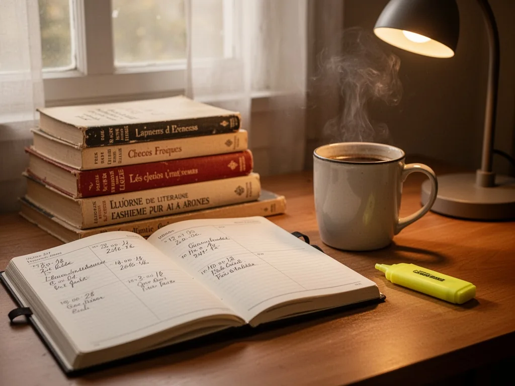 An open planner with handwritten study dates, a stack of French literary classics, a steaming coffee mug, and a yellow h