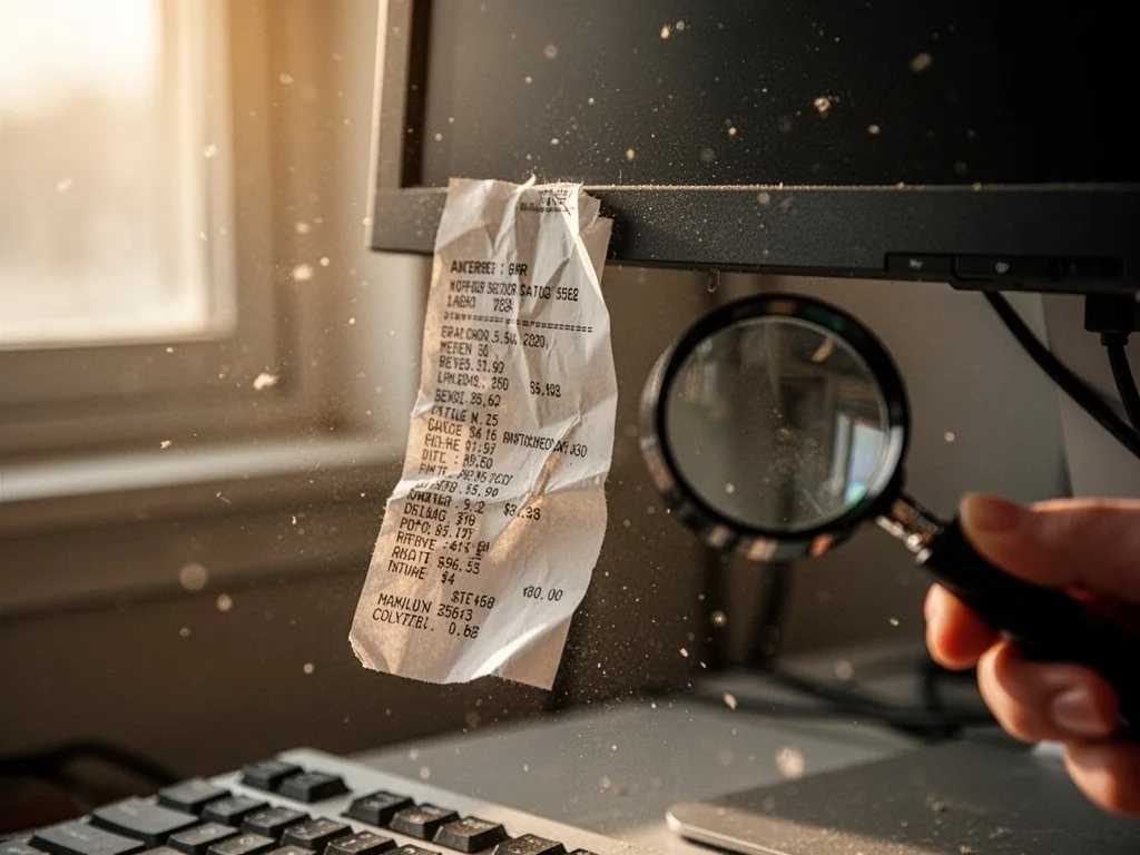 A crumpled price tag dangling from a computer monitor, small fine print magnified by a handheld lens, dust motes in afte
