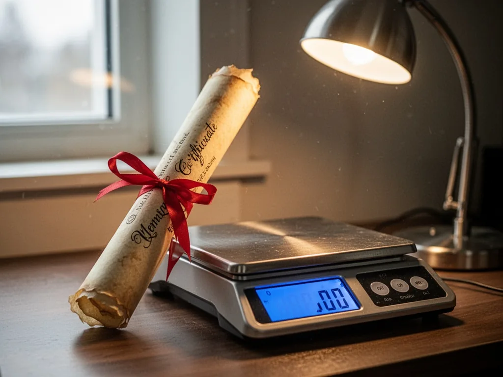 A rolled parchment certificate tied with red ribbon, leaning against a digital scale with a zero reading, soft desk lamp