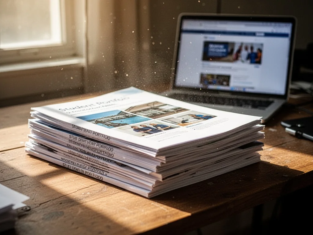 A stack of printed student portfolios on a wooden desk, a laptop screen showing a blurred website in the background, sun