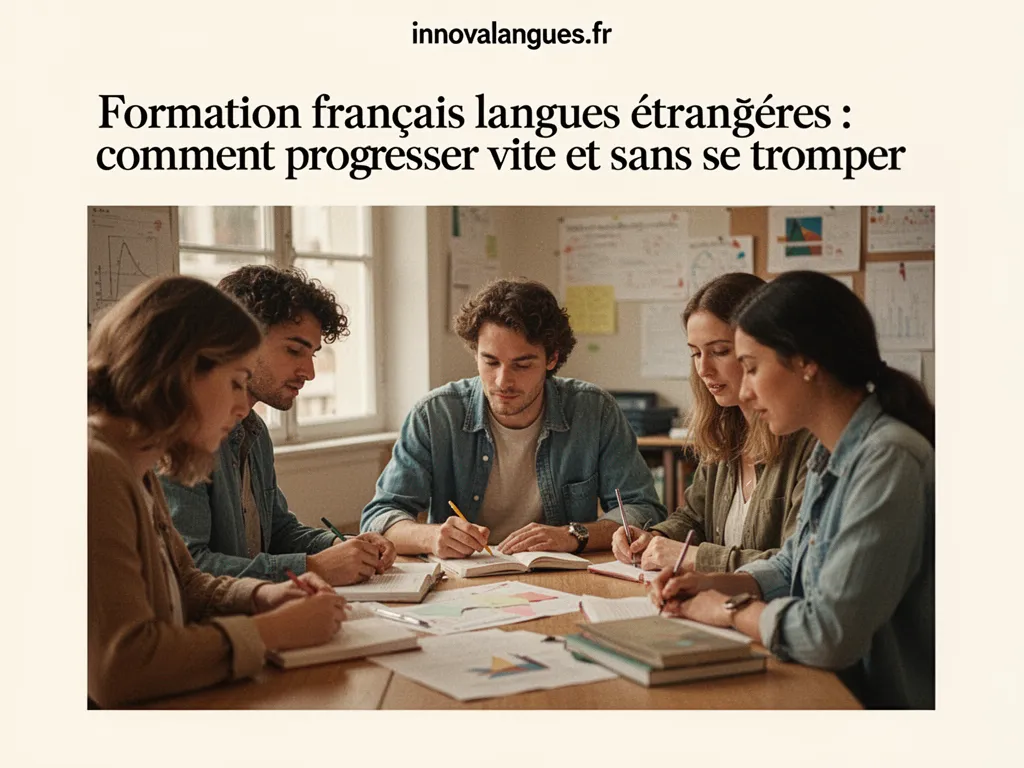 Groupe multilingue en atelier de conversation en français, tableau blanc et fiches