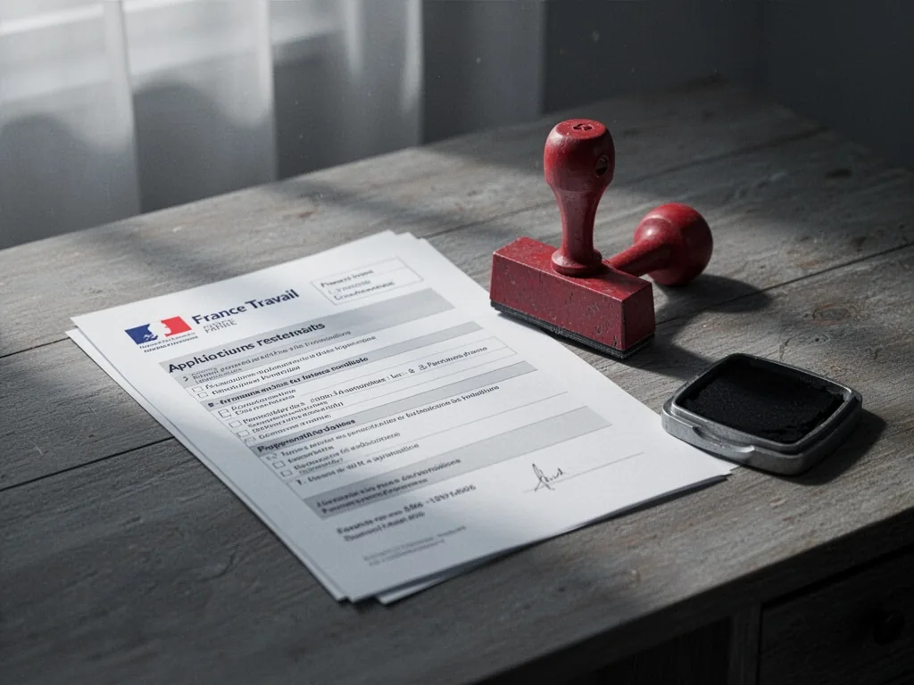 A wooden desk with a France Travail application form, a red rubber stamp, and an ink pad, soft window light casting shad