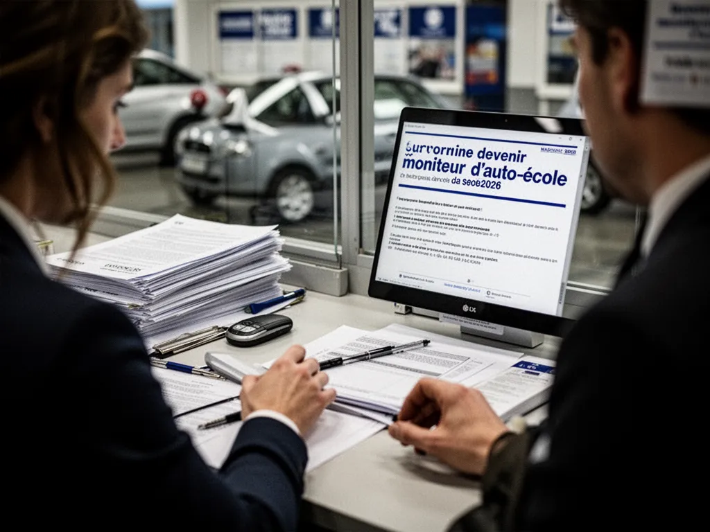 Un formateur assis à l'avant d'une voiture d'auto-école, expliquant un point de conduite à un stagiaire attentif, vue de