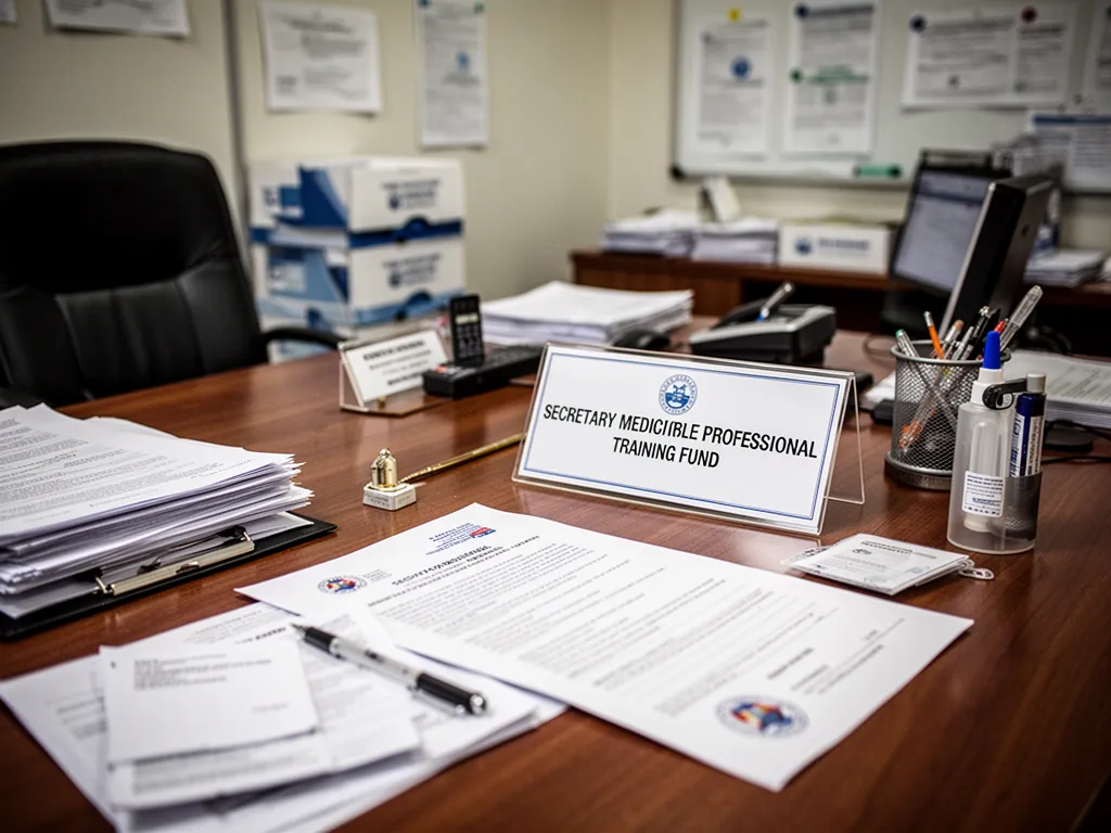 Une personne consulte une fiche de formation sur ordinateur avec un carnet de notes et un stylo sur un bureau