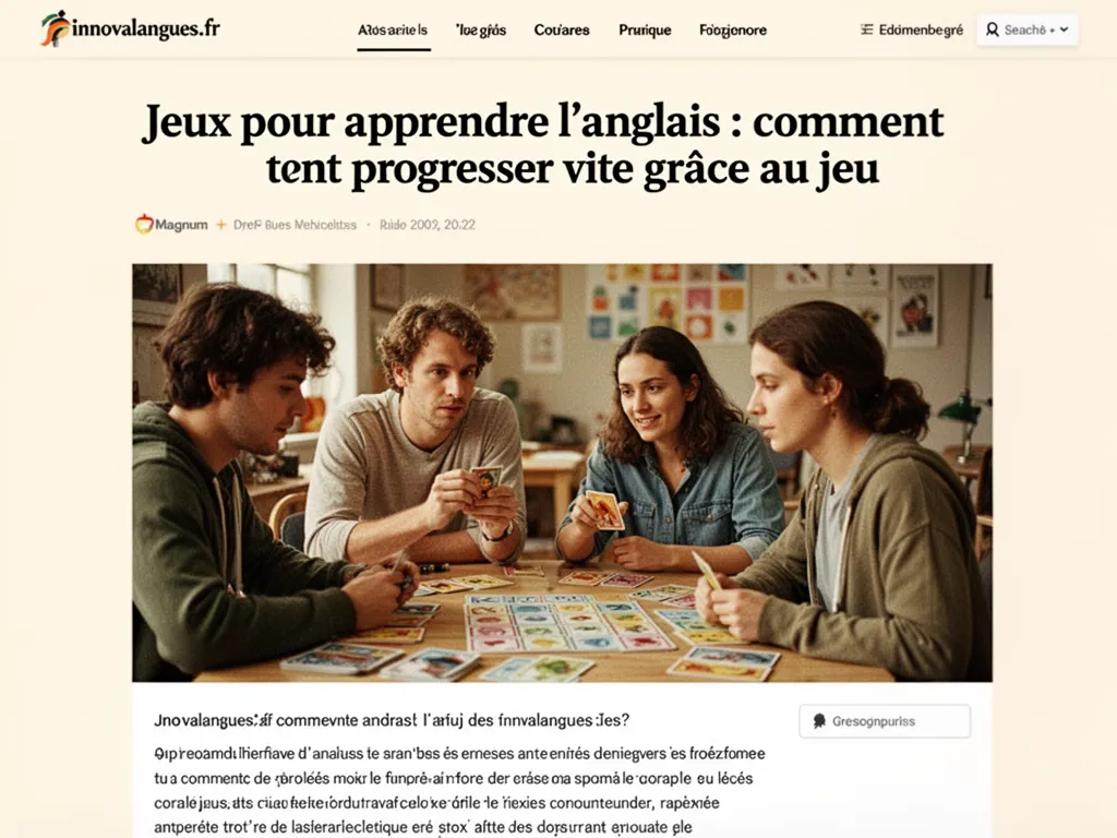 Un groupe de personnes autour d'une table joue à un jeu de société en anglais, rires et cartes sur la table