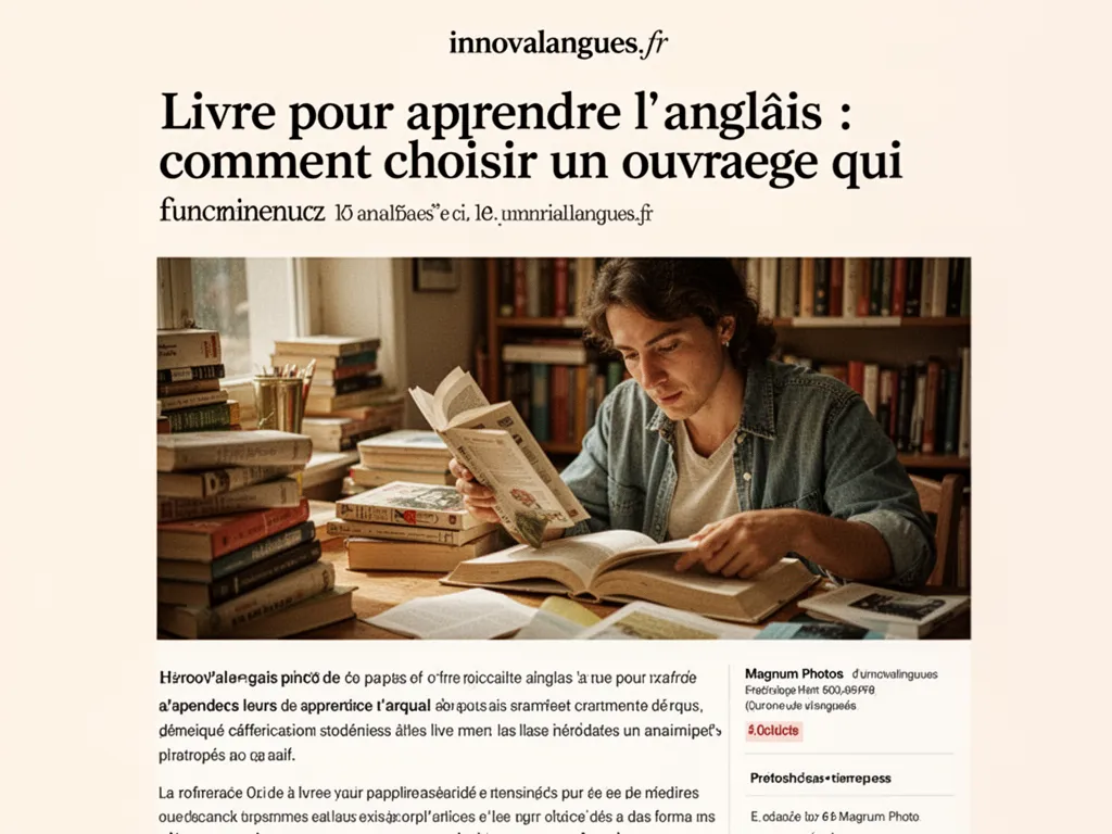Une personne lit un manuel d'anglais sur une table, cahier ouvert avec des annotations et un casque audio posé à côté