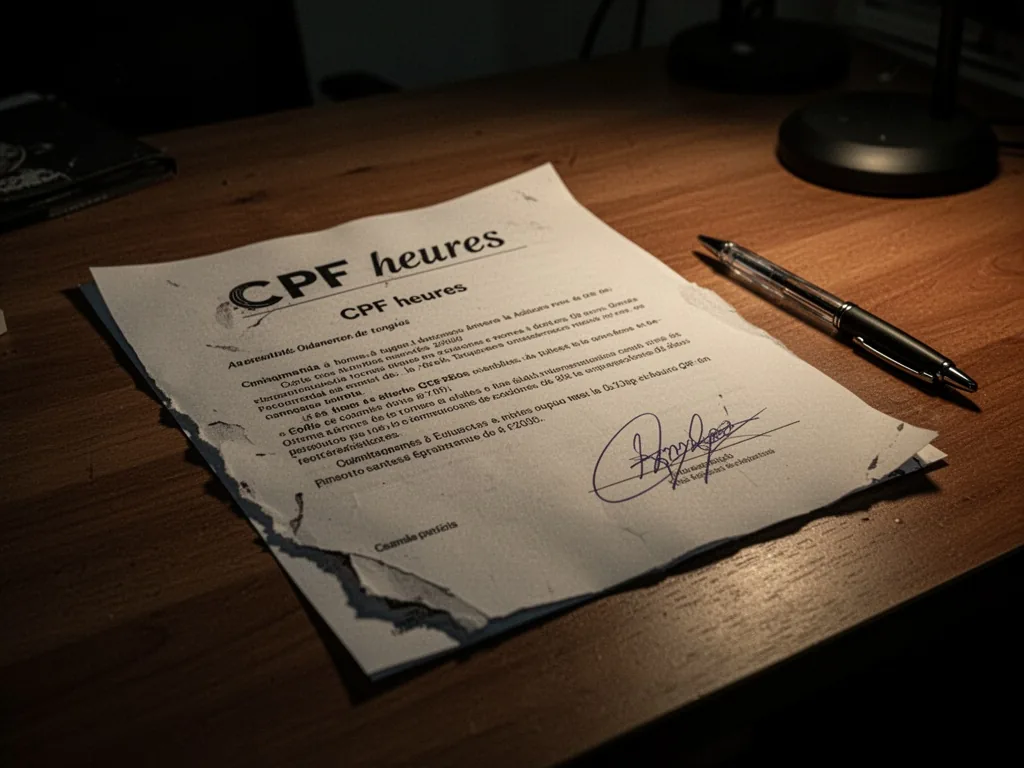A document labeled 'CPF heures' with a fake signature and torn edge, lying on a wooden desk beside a pen, dim office lig