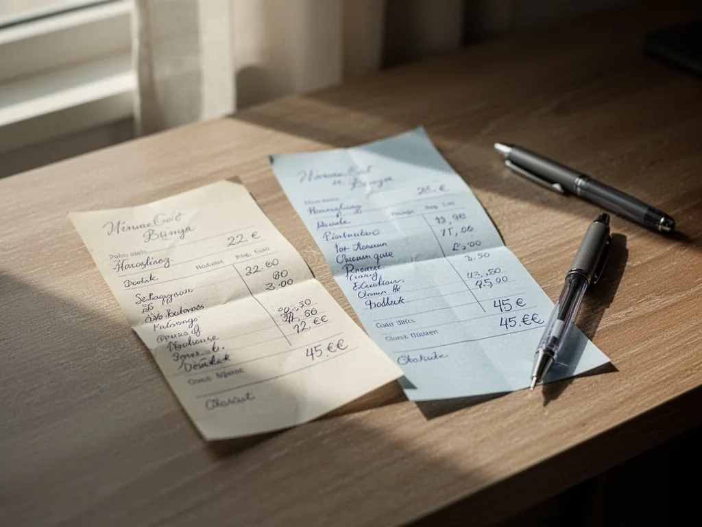 Two handwritten receipts on a wooden desk, one for 22 euros and one for 45 euros, a pen beside them, soft window light c
