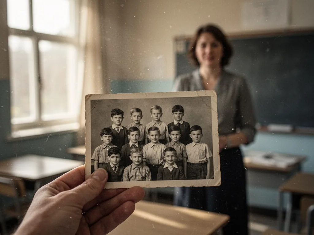 A hand holding a vintage black-and-white class photo, a blurred silhouette of a teacher in the background, dusty sunligh